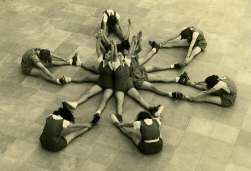 Un groupe de filles d'une grande classe à la leçon de gymnastique